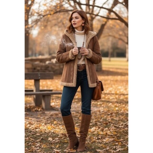 Vintage 90s Esprit Brown Faux Suede Sherpa Lined Embroidered Hooded Boho Jacket - Picture 1 of 16